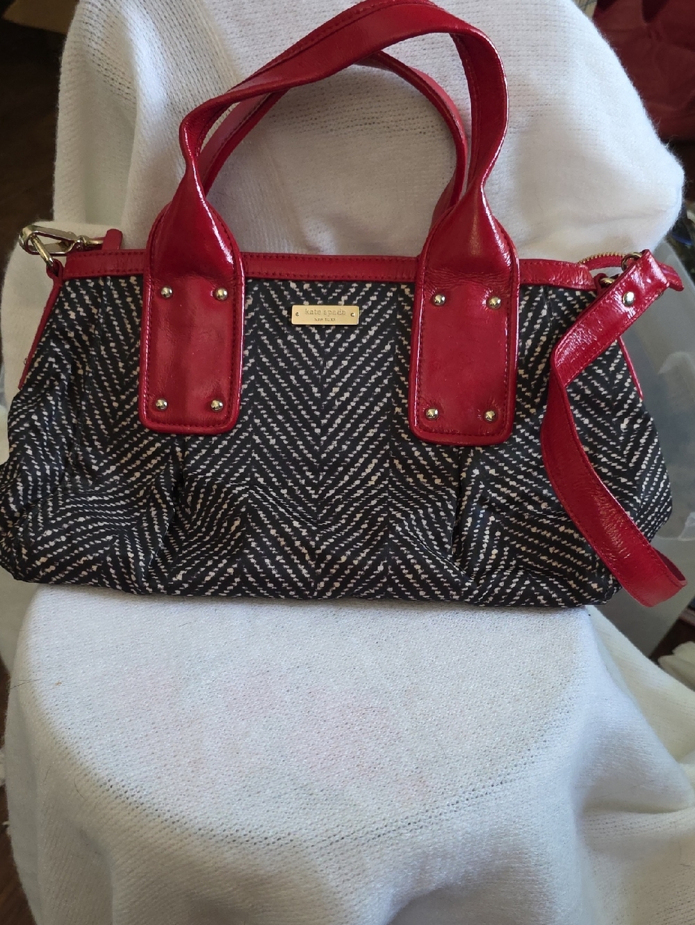 kate spade Black Chevron Shoulder Bag with Red Patent Trim